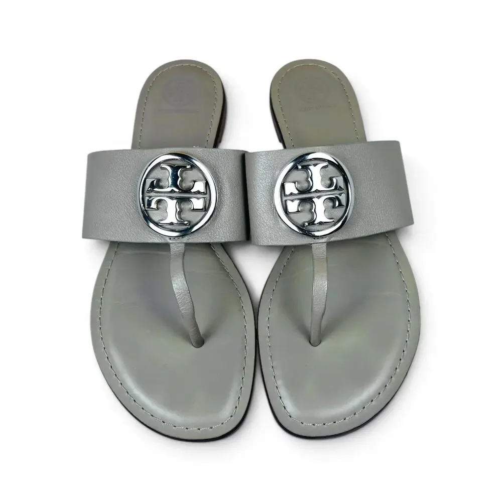Tory Burch Benton Band Gray Heron Silver Leather Thong Sandals Size 10